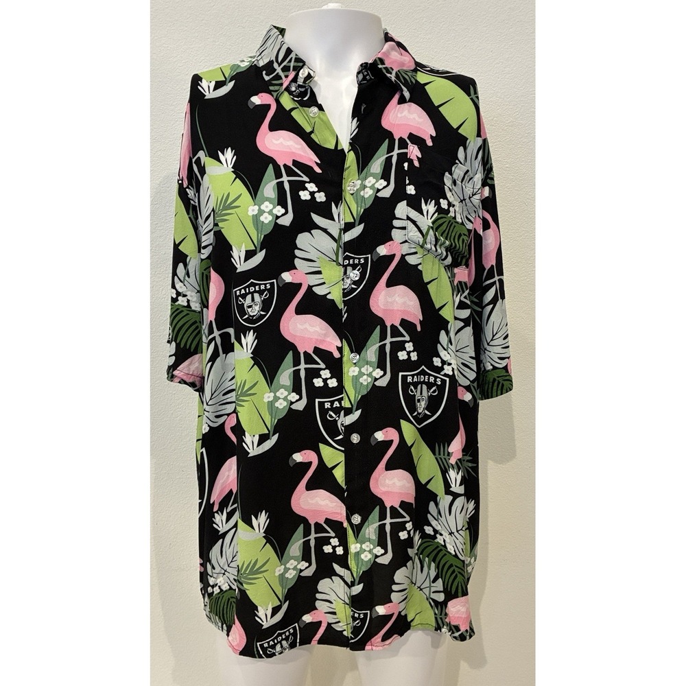 NFL Team Apparel Las Vegas Raiders Hawaiian Camp Shirt Mens XL Black Flamingos